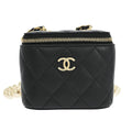Chanel Vanity Case With Pearl Chain Quilted Lambskin Black Leather Shoulder Bag Bag