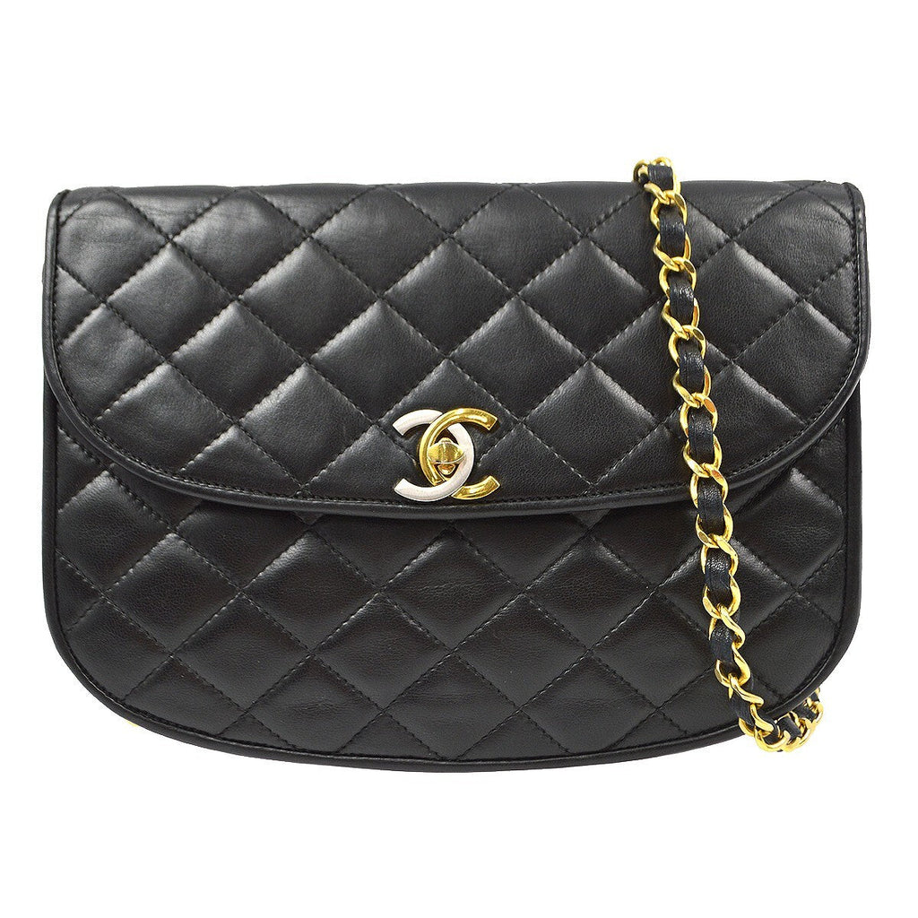 Chanel Vintage Round Flap Bag Quilted Lambskin Black Leather Shoulder Bag Bag