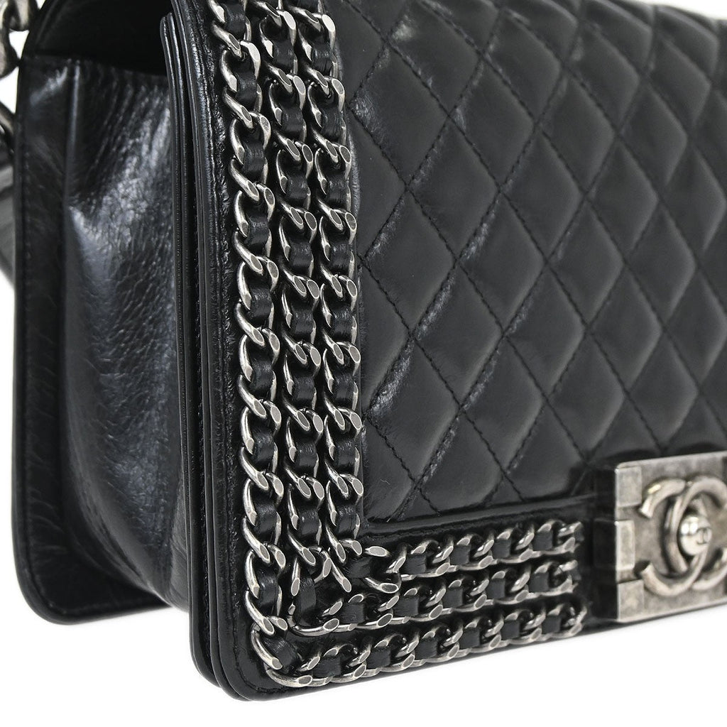 Chanel Boy Flap Bag Quilted Glazed Calfskin Black Leather Handbag