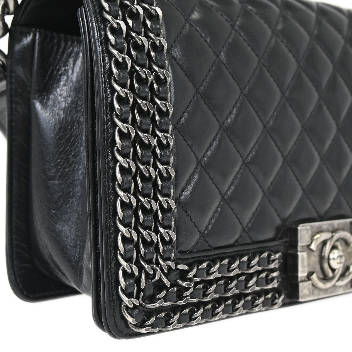 Chanel Boy Flap Bag Quilted Glazed Calfskin Black Leather Handbag
