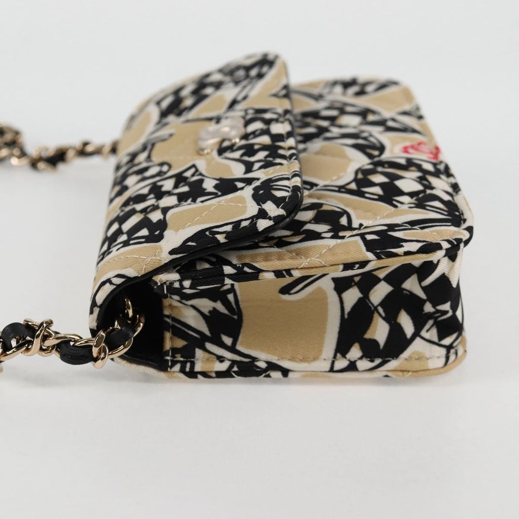 Chanel Flap Card Holder On Chain Quilted Printed Canvas Beige Nylon Shoulder Bag Bag