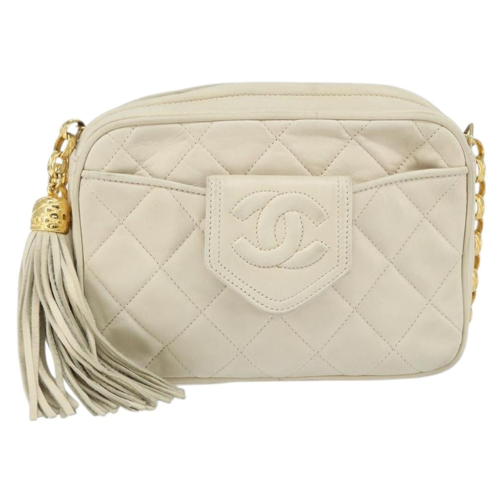 Chanel Vintage Front Pocket Camera Bag Quilted Lambskin Beige Leather Shoulder Bag Bag