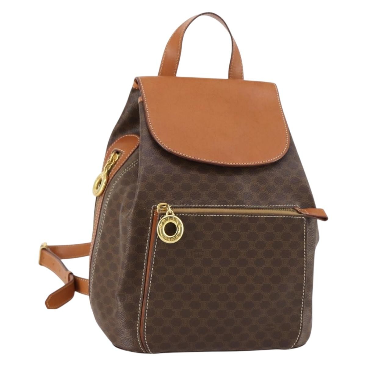 Celine Vintage Macadam Backpack Canvas And Leather Brown Canvas Backpack Bag