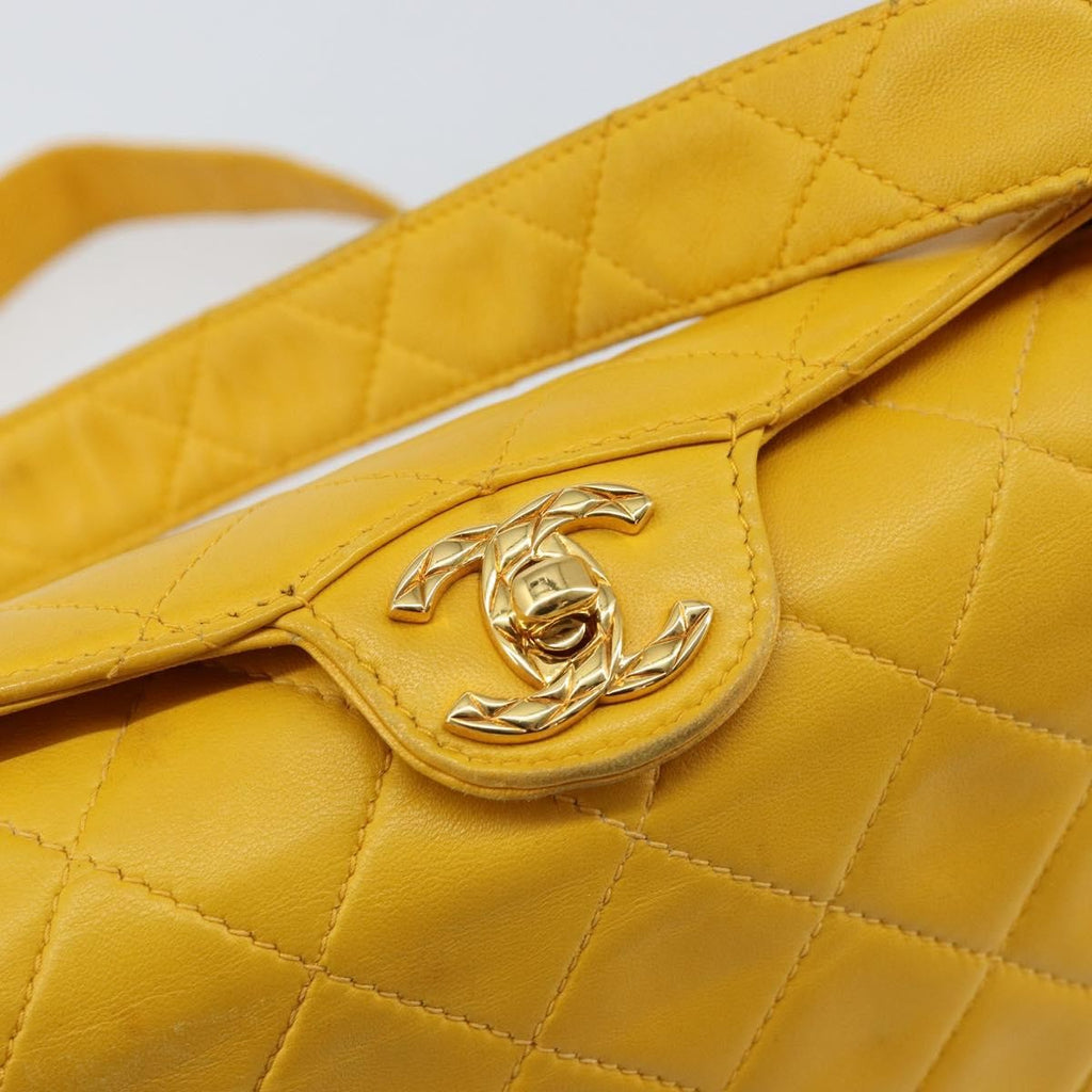 Chanel Vintage Cc Fold Over Shoulder Bag Quilted Lambskin Yellow Leather Shoulder Bag Bag