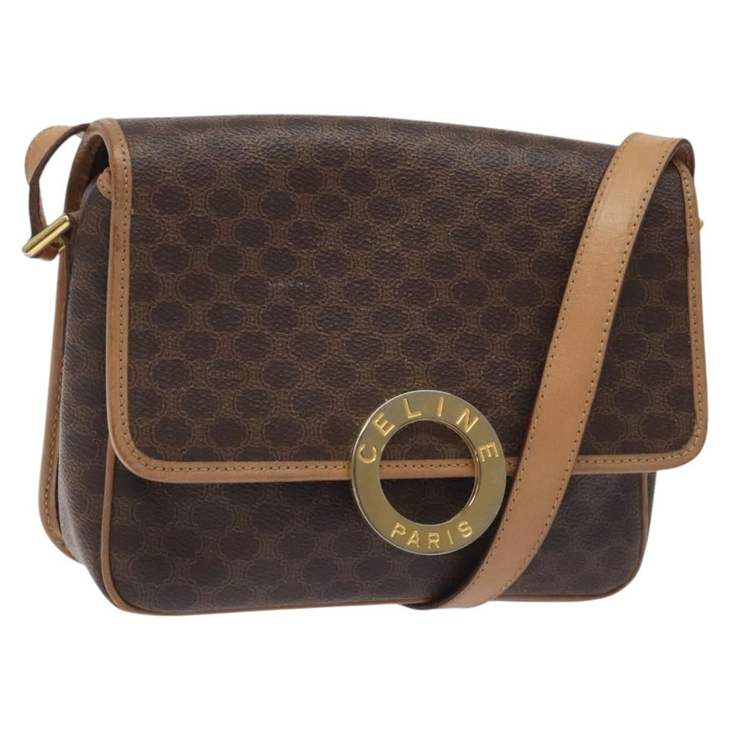 Celine Vintage Macadam Circle Logo Shoulder Bag Canvas And Leather Brown Canvas Shoulder Bag Bag