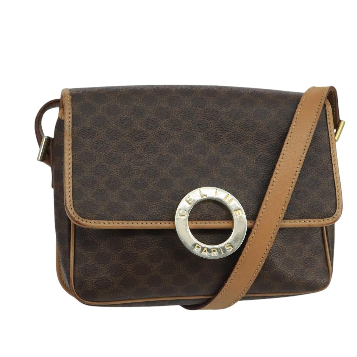 Celine Vintage Macadam Circle Logo Shoulder Bag Canvas And Leather Brown Canvas Shoulder Bag Bag