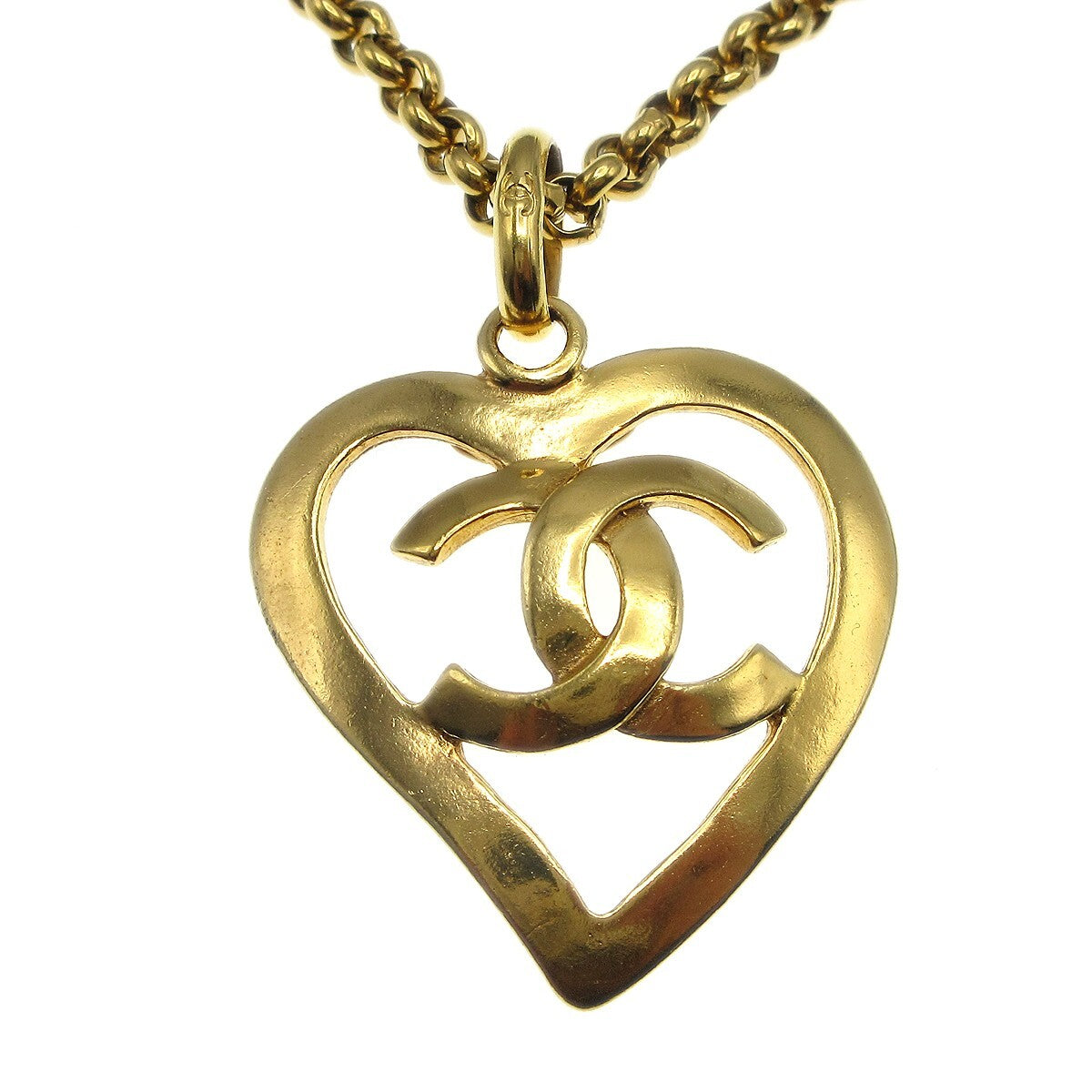 Chanel Cc Heart Pendant Necklace Metal Gold Gold_Plated Necklace Jewelry
