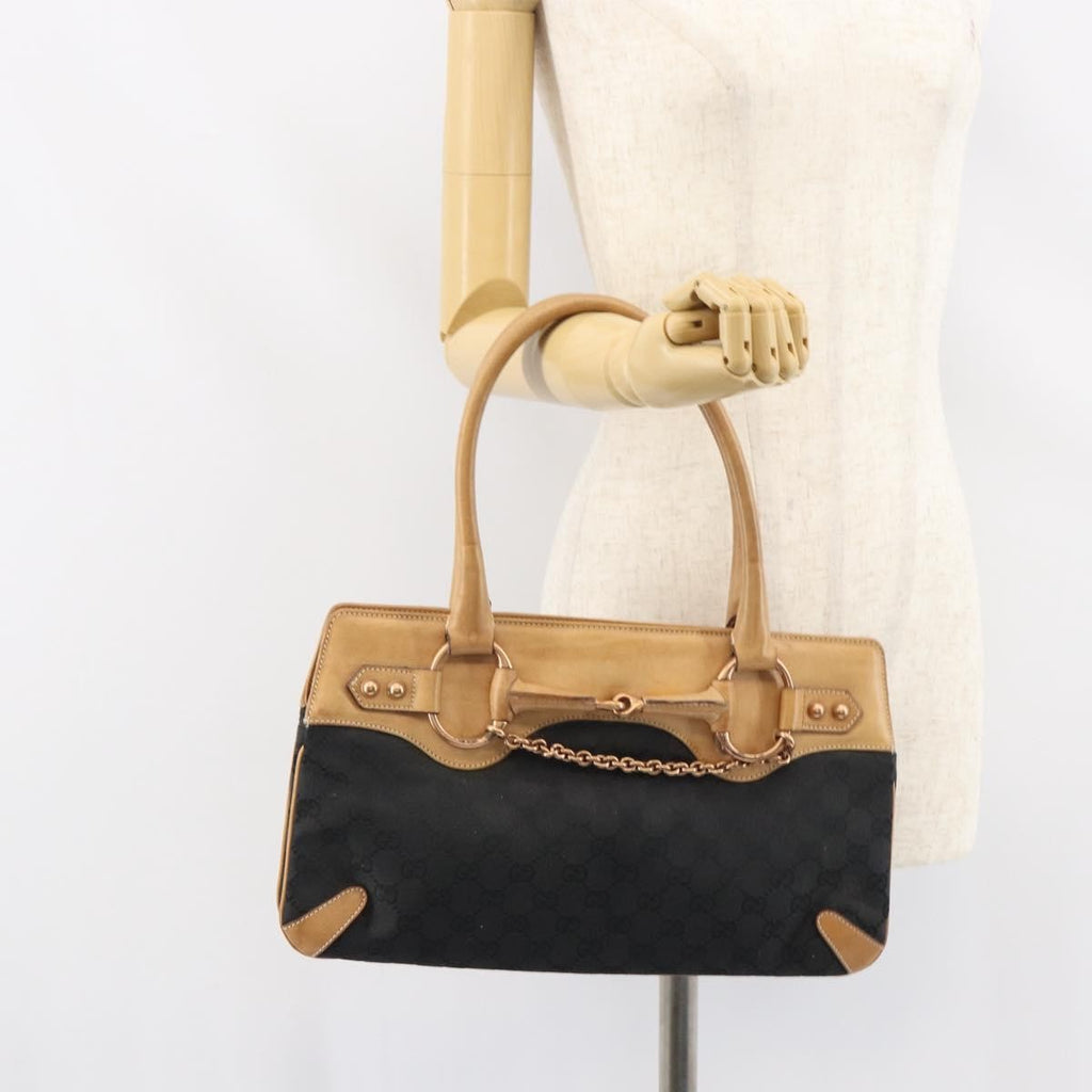 Gucci Horsebit Bracket Tote Gg Canvas Black Canvas Tote Bag Bag (Pre-Owned)