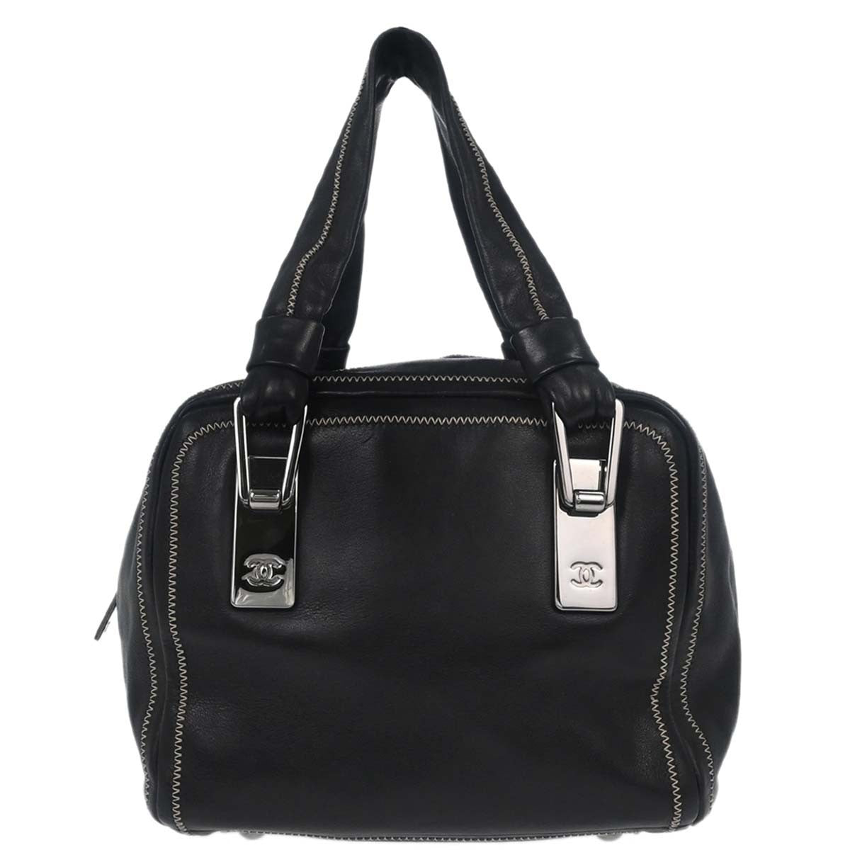 Chanel Cc Bowler Leather Black Leather Handbag