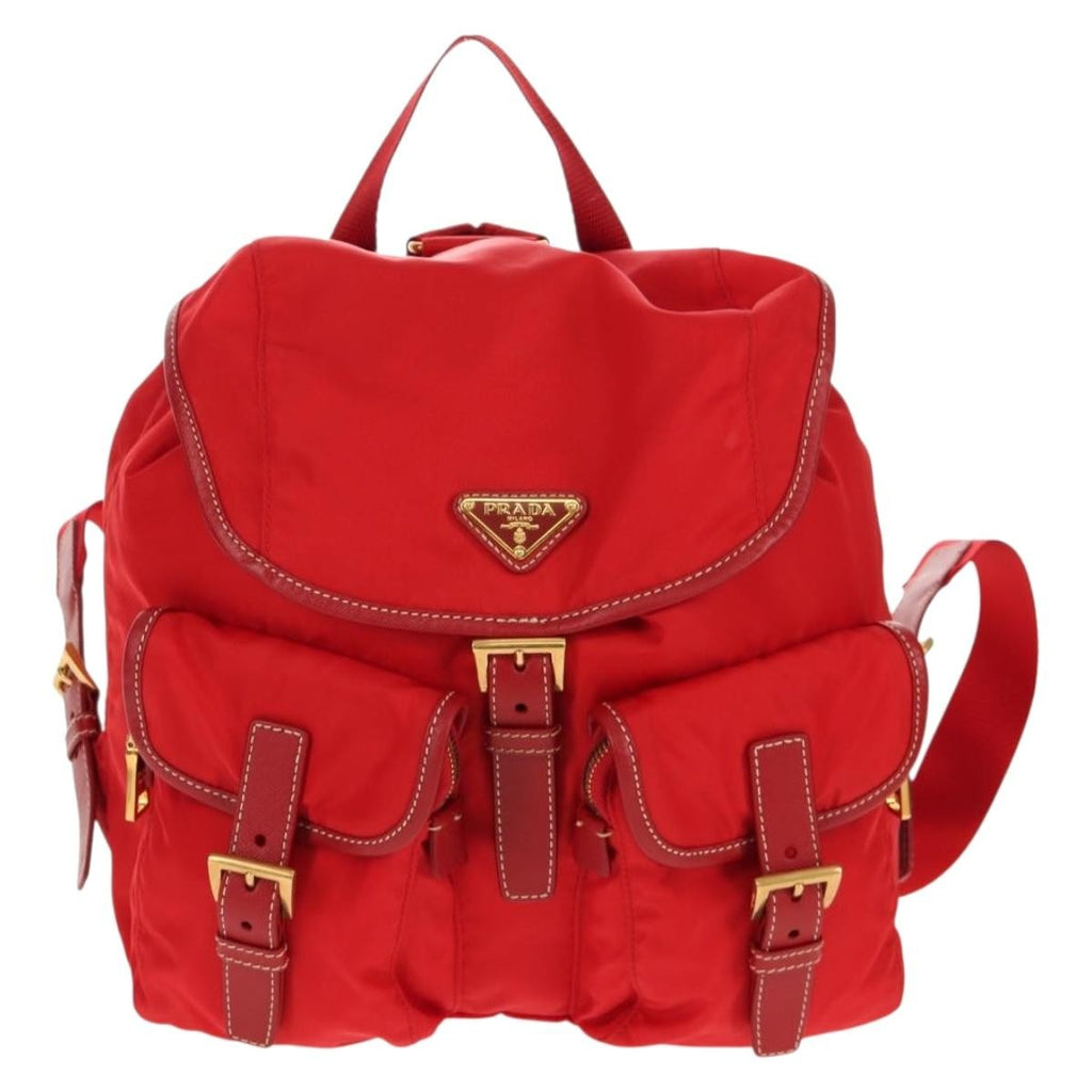 Prada Vela Double Front Pocket Backpack Tessuto With Saffiano Leather Red Nylon Backpack Bag