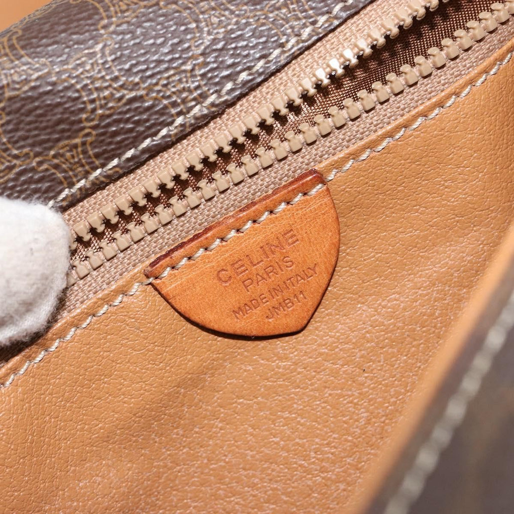 Celine Vintage Macadam Circle Logo Shoulder Bag Canvas And Leather Brown Canvas Shoulder Bag Bag