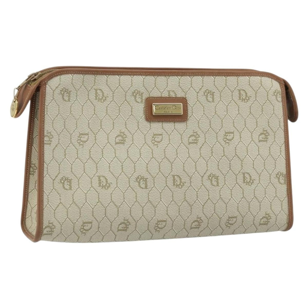 Christian Dior Vintage Honeycomb Zip Pouch Canvas And Leather Beige Canvas Clutche & Pouche Bag (Pre-Owned)