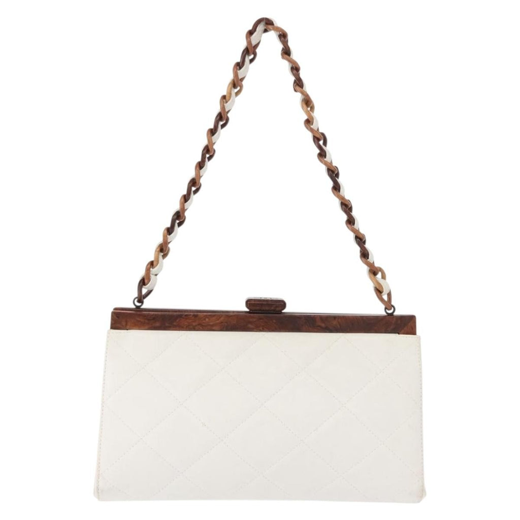 Chanel Wooden Frame Striped Shoulder Bag Leather White Leather Shoulder Bag Bag