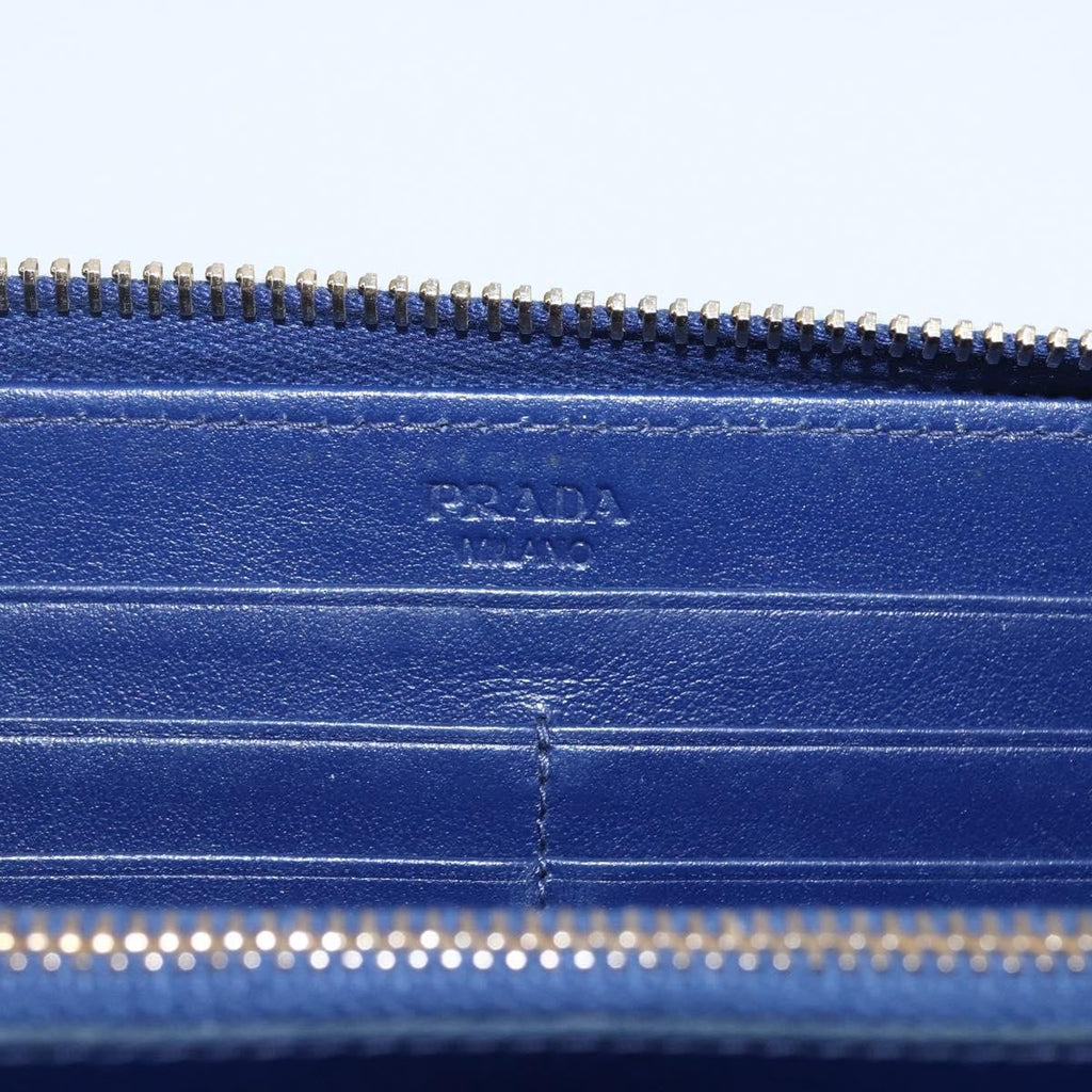 Prada Zip Around Organizer Wallet Saffiano Leather With Applique Blue Leather Wallets Accessory