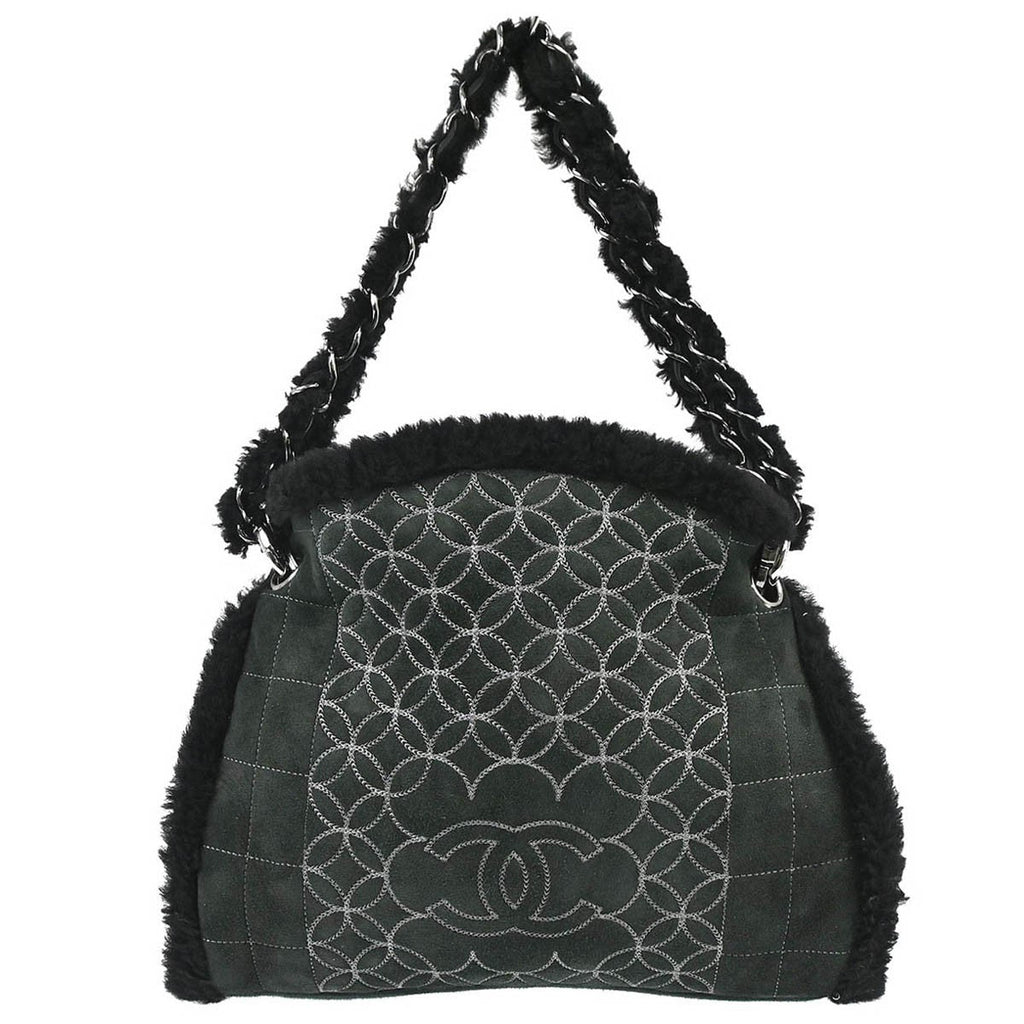 Chanel Vintage Embroidered Cc Chain Tote Quilted Suede And Shearling Black Suede Tote Bag Bag