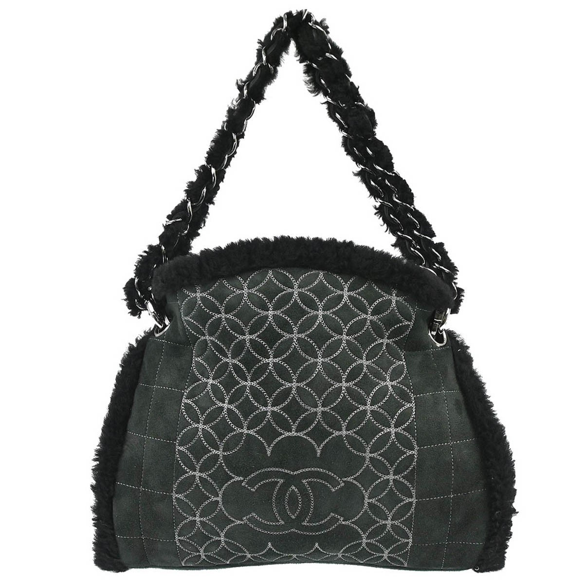 Chanel Vintage Embroidered Cc Chain Tote Quilted Suede And Shearling Black Suede Tote Bag Bag