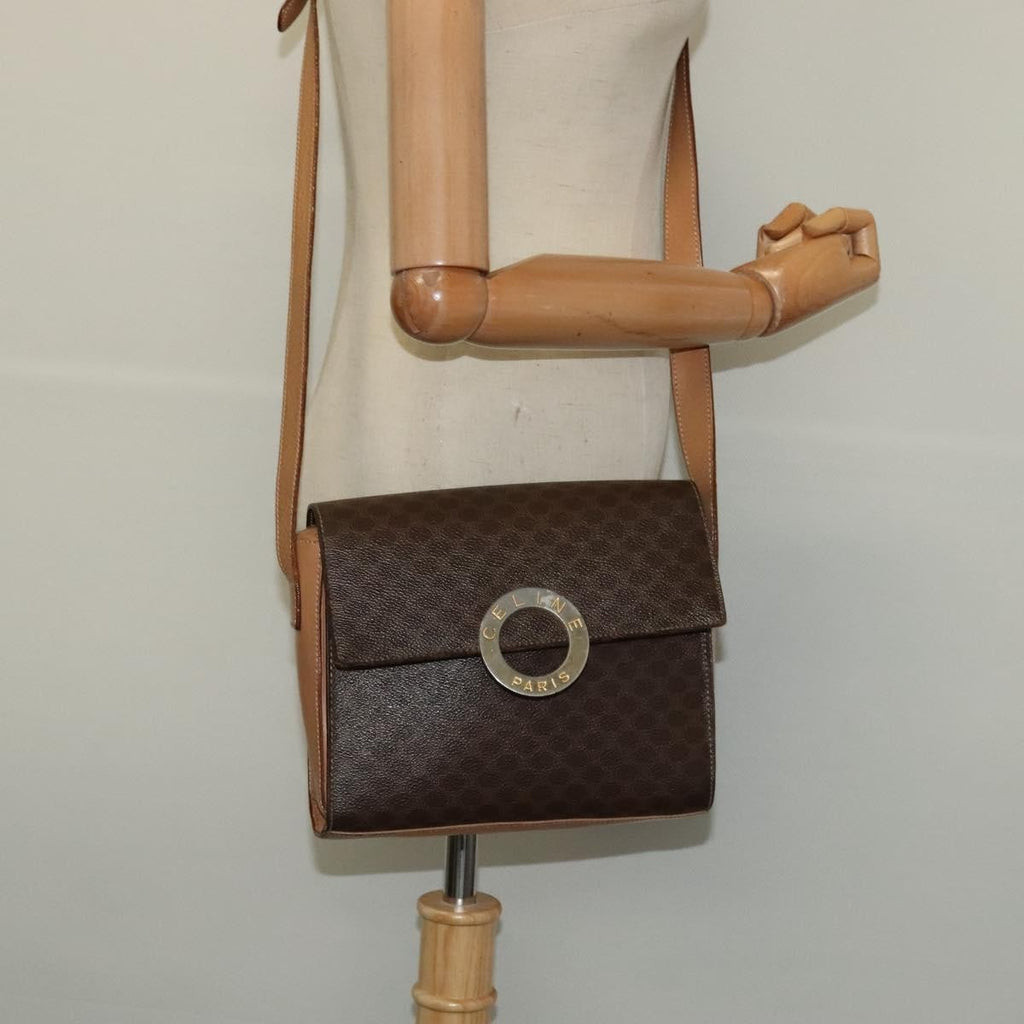 Celine Vintage Macadam Circle Logo Shoulder Bag Canvas And Leather Brown Canvas Shoulder Bag Bag