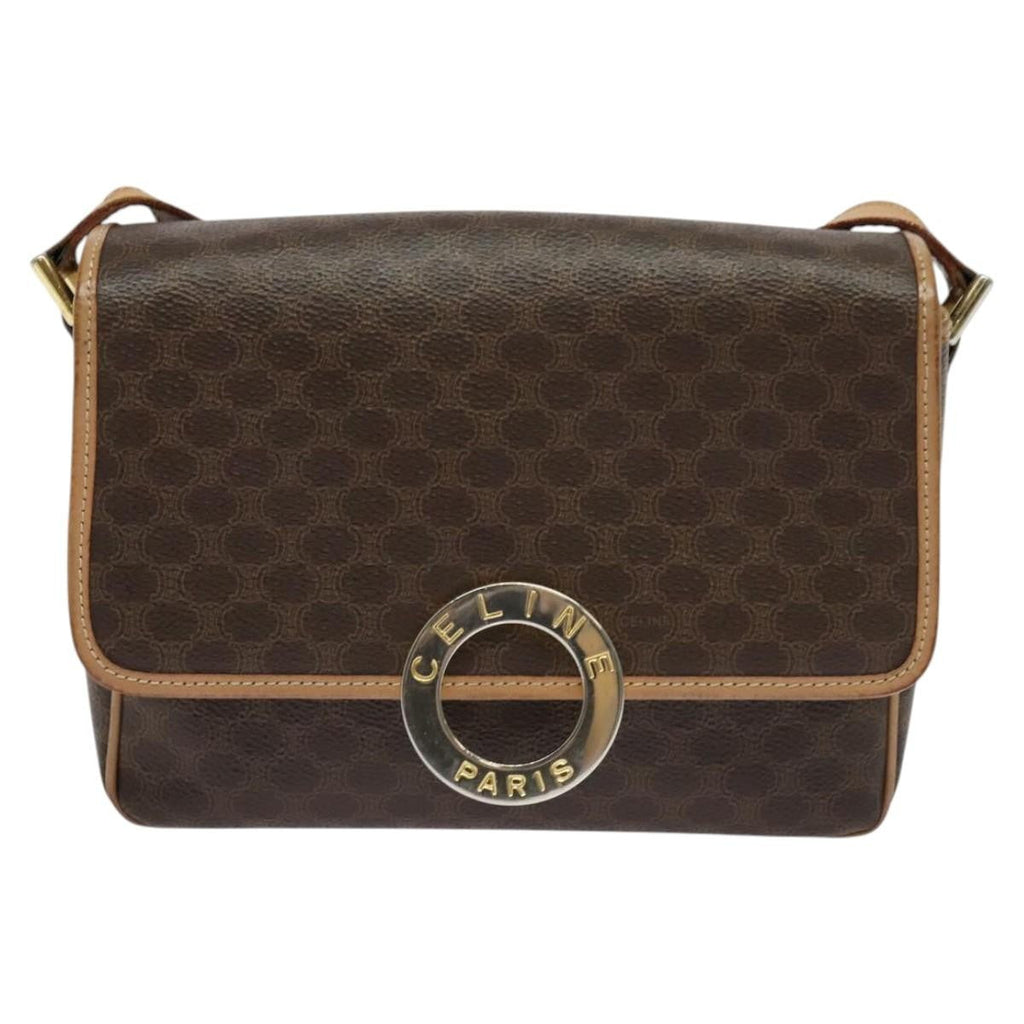 Celine Vintage Macadam Circle Logo Shoulder Bag Canvas And Leather Brown Pvc,Canvas Shoulder Bag Bag