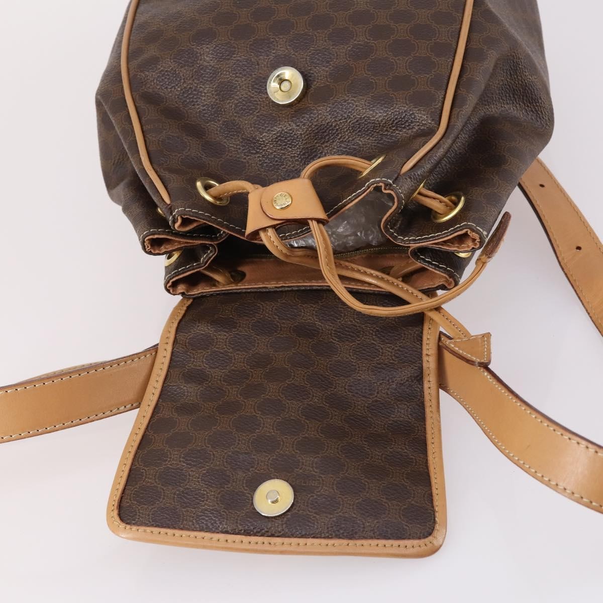 Celine Vintage Drawstring Flap Backpack Macadam Coated Canvas Brown Canvas Backpack Bag