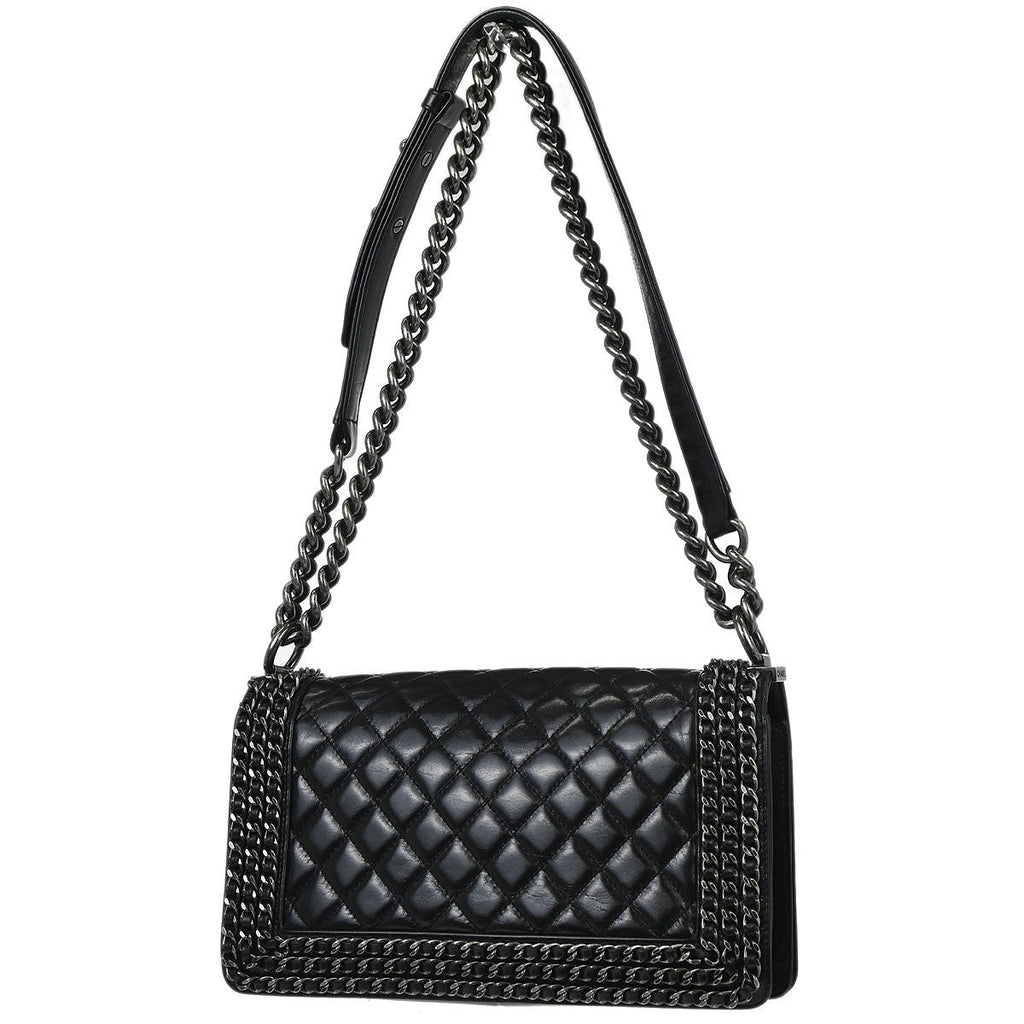 Chanel Boy Flap Bag Quilted Glazed Calfskin Black Leather Handbag