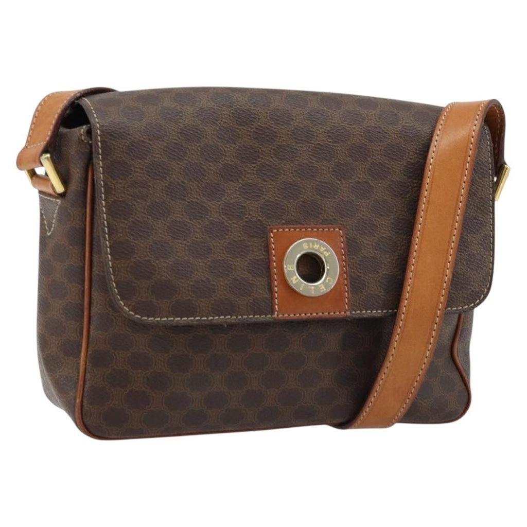 Celine Vintage Macadam Circle Logo Shoulder Bag Canvas And Leather Brown Canvas Shoulder Bag Bag
