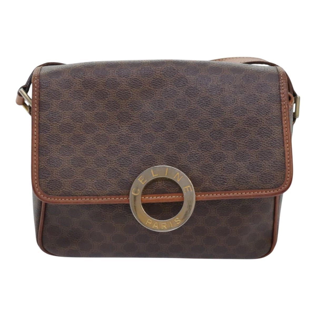Celine Vintage Macadam Circle Logo Shoulder Bag Canvas And Leather Brown Canvas Shoulder Bag Bag