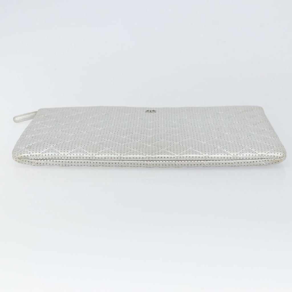 Chanel O Case Clutch Quilted Perforated Lambskin Silver Leather Clutche & Pouche Bag