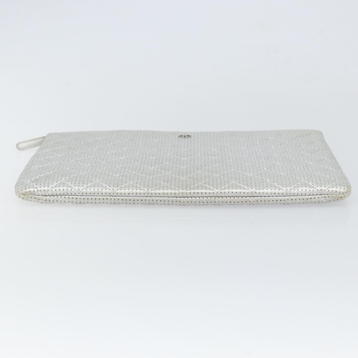 Chanel O Case Clutch Quilted Perforated Lambskin Silver Leather Clutche & Pouche Bag
