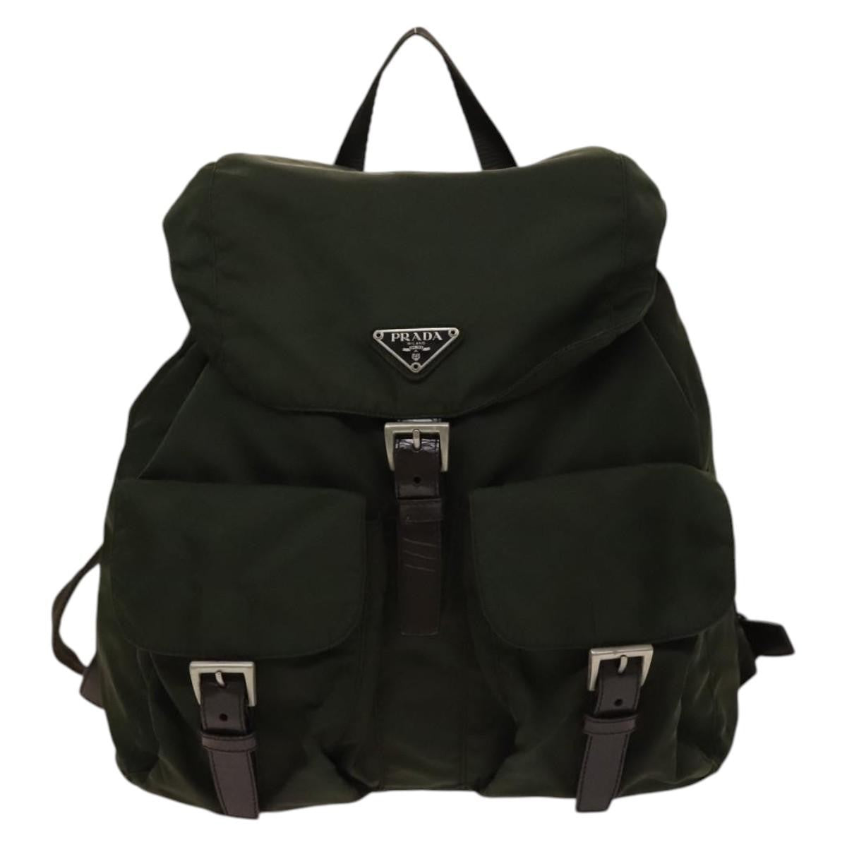 Prada Vela Double Front Pocket Backpack Tessuto With Saffiano Leather Khaki Nylon Backpack Bag