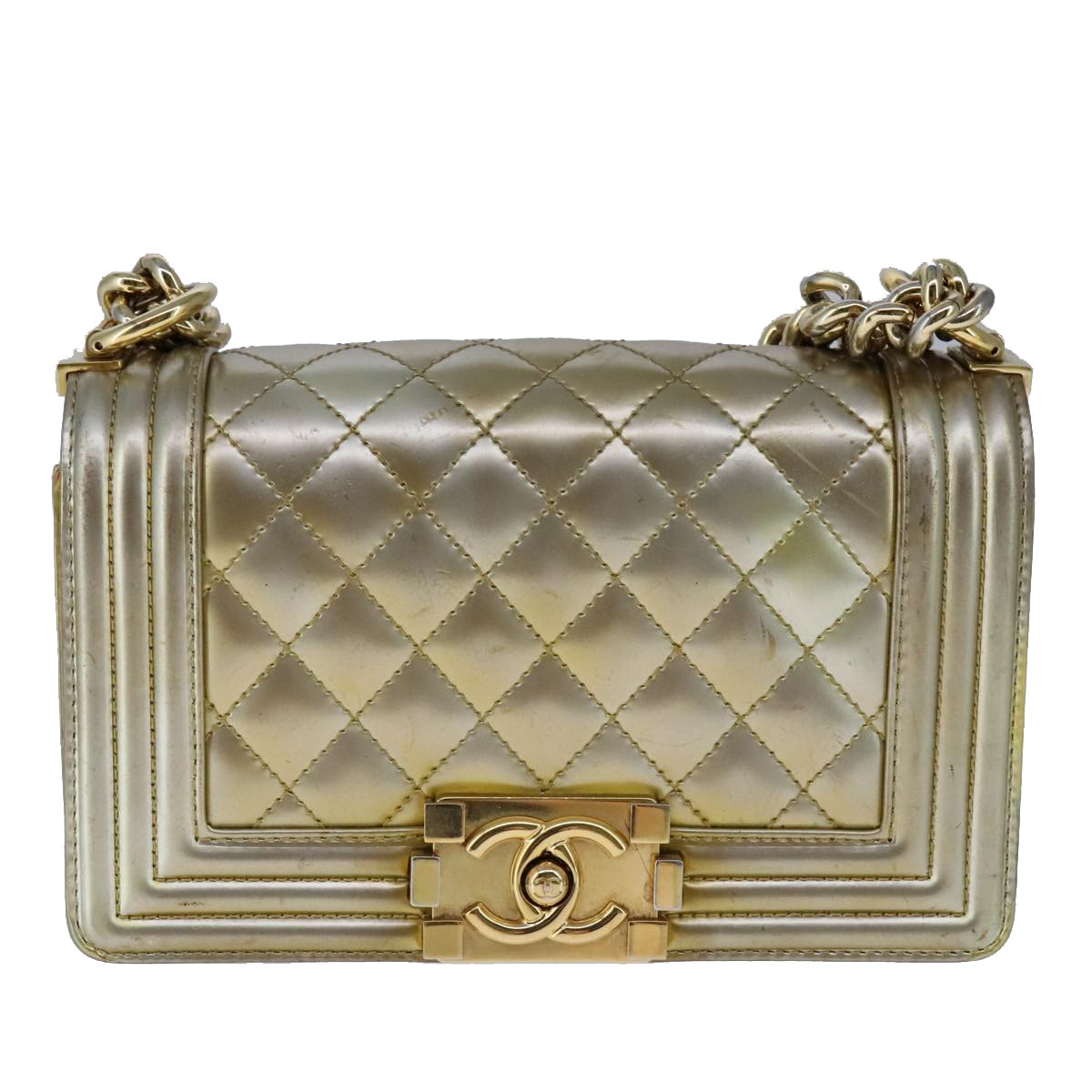 Chanel Boy Flap Bag Quilted Patent Gold Patent_Leather Shoulder Bag Bag