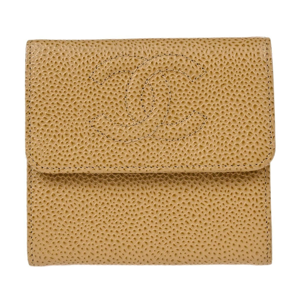 Chanel Vintage Timeless Cc Bifold Wallet Caviar Beige Leather Wallets Accessory