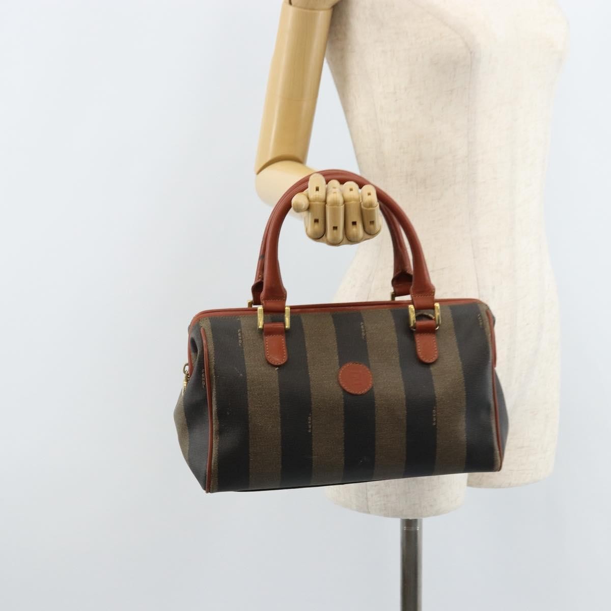 Fendi Vintage Pequin Convertible Boston Bag Coated Canvas Brown Canvas Handbag
