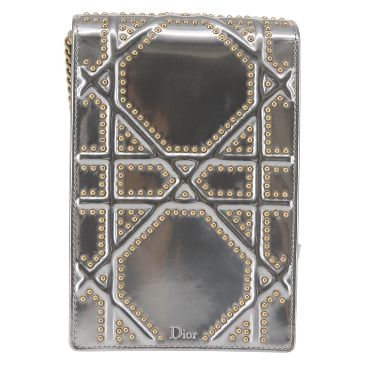 Christian Dior Ultra Matte Diorama Vertical Clutch On Chain Studded Leather Silver Patent_Leather Clutche & Pouche Bag (Pre-Owned)