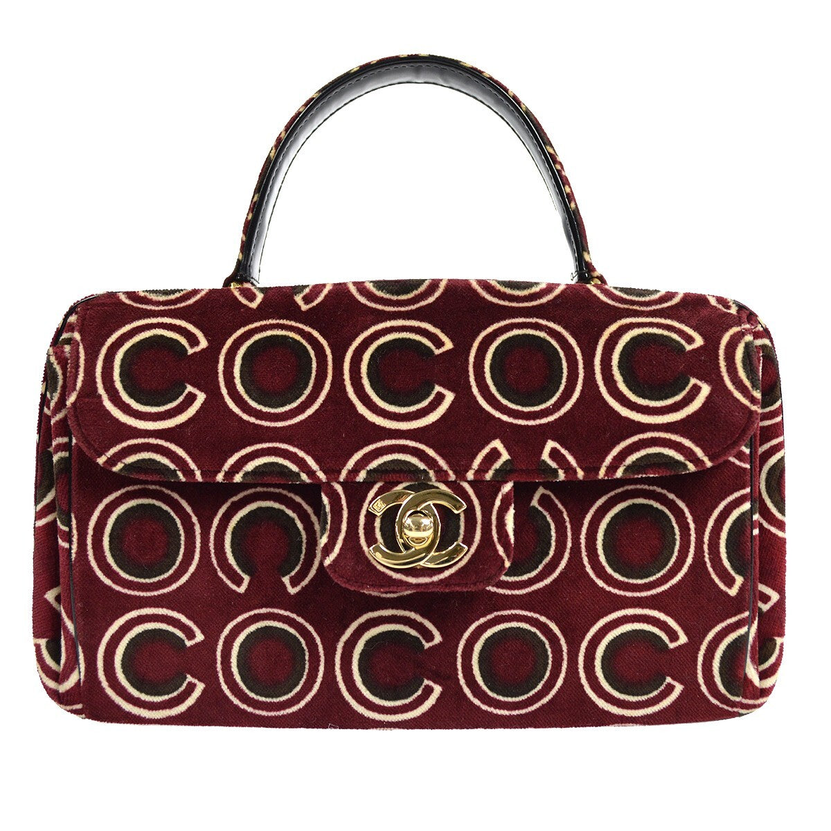 Chanel Cc Top Handle Bag Coco Print Velvet Burgundy Velvet Handbag