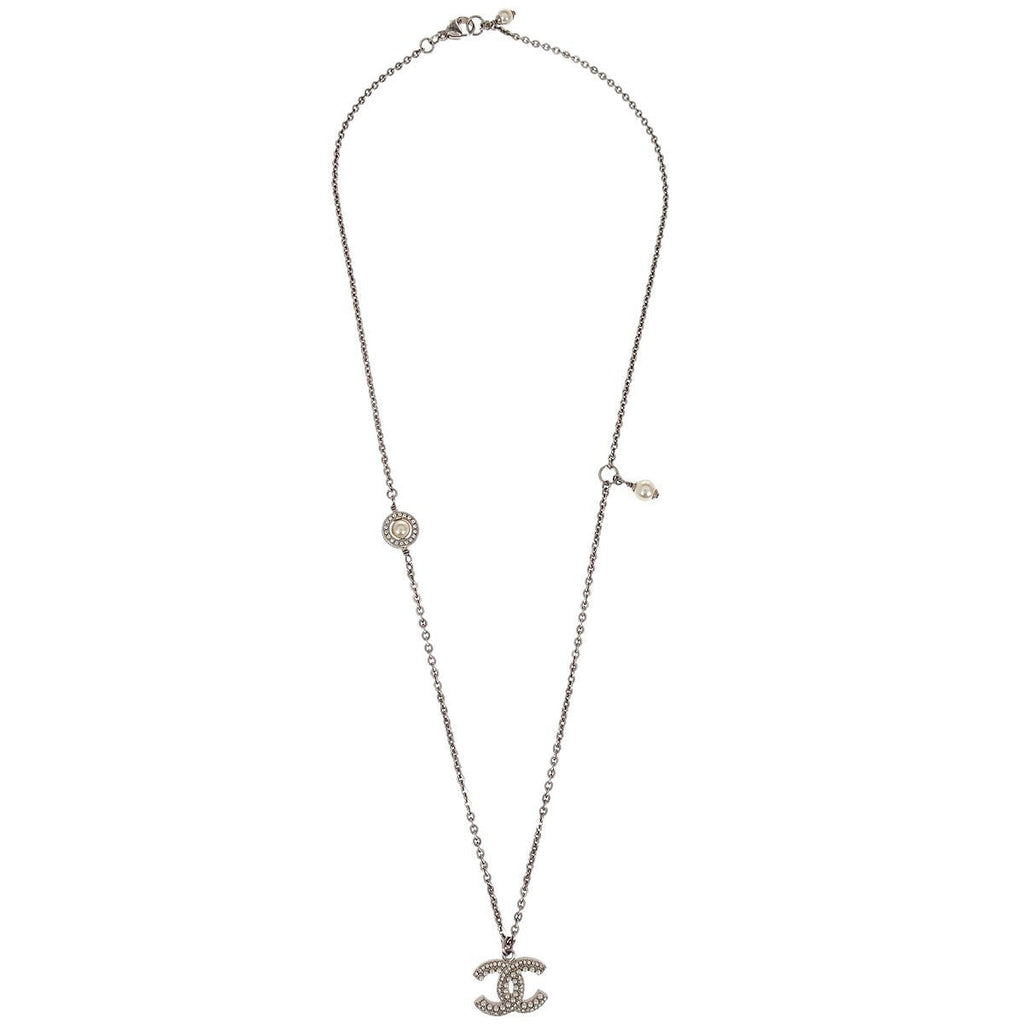 Chanel Cc Chain Necklace Metal With Faux Pearls Silver Mesh Necklace Jewelry