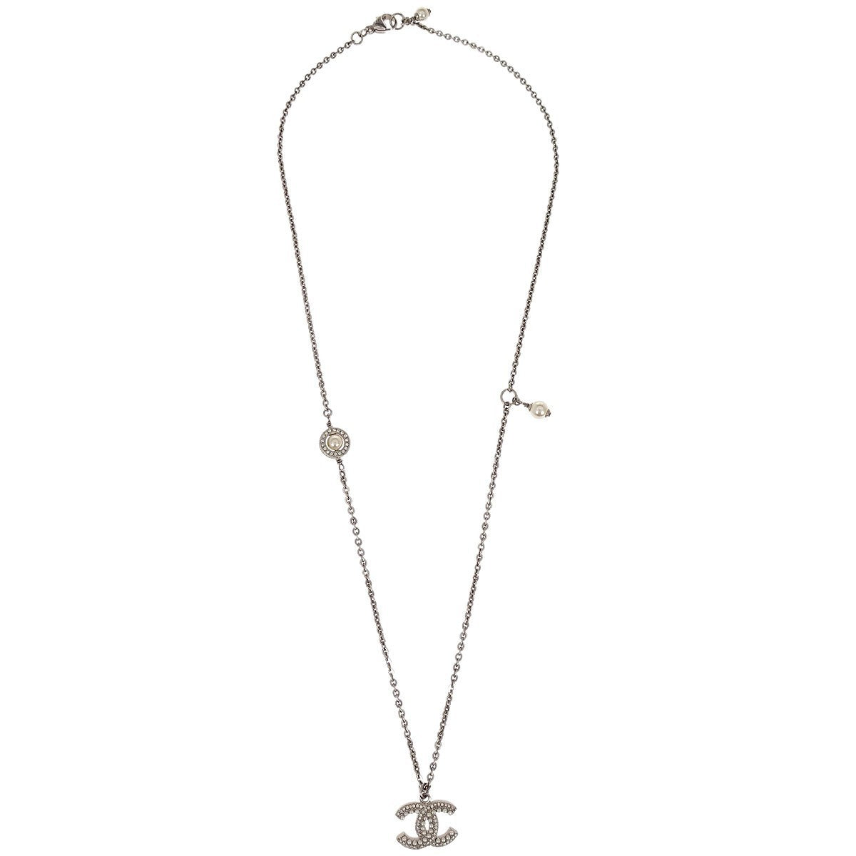 Chanel Cc Chain Necklace Metal With Faux Pearls Silver Mesh Necklace Jewelry