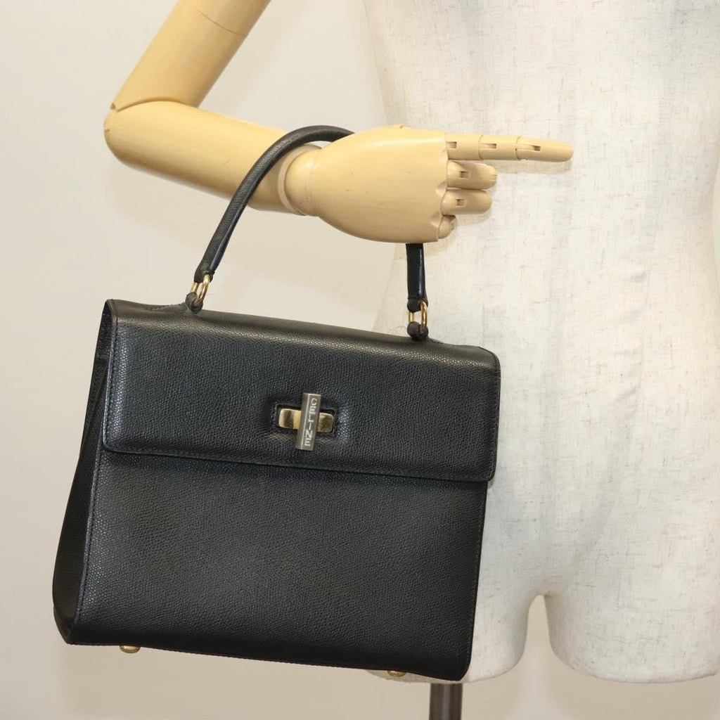 Celine Vintage Convertible Turnlock Top Handle Bag Leather Black Leather Bag