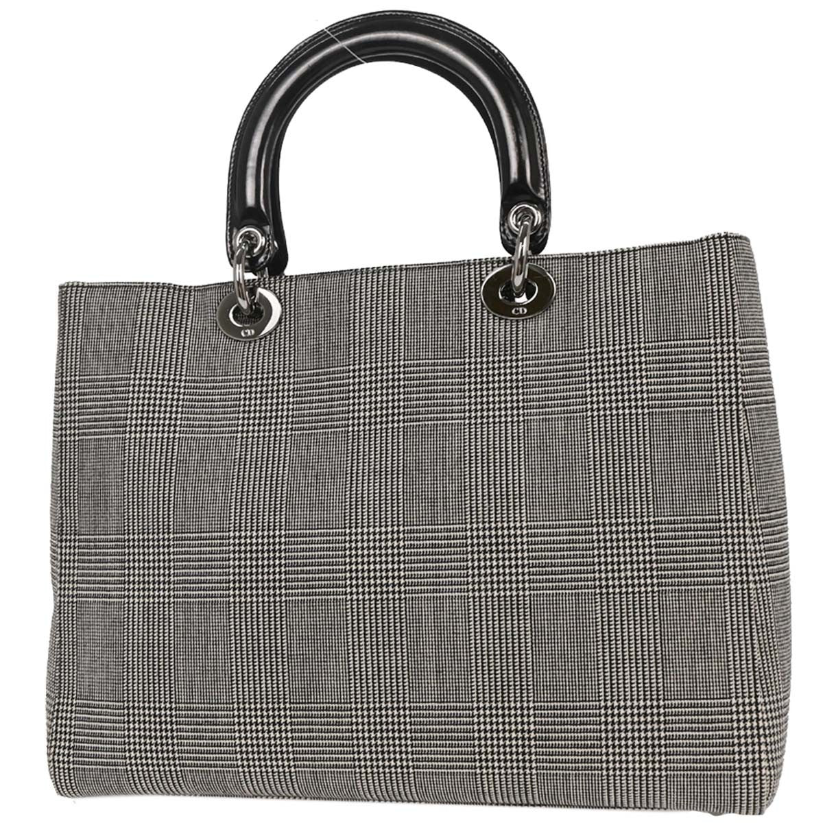 Christian Dior Vintage Lady Dior Bag Houndstooth Canvas Black Canvas Handbag (Pre-Owned)