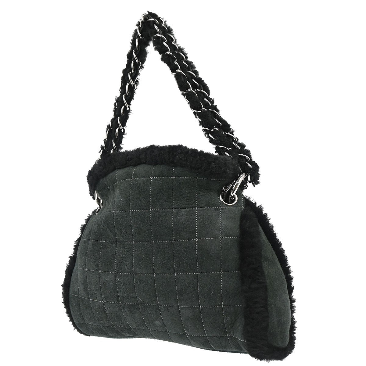 Chanel Vintage Embroidered Cc Chain Tote Quilted Suede And Shearling Black Suede Tote Bag Bag