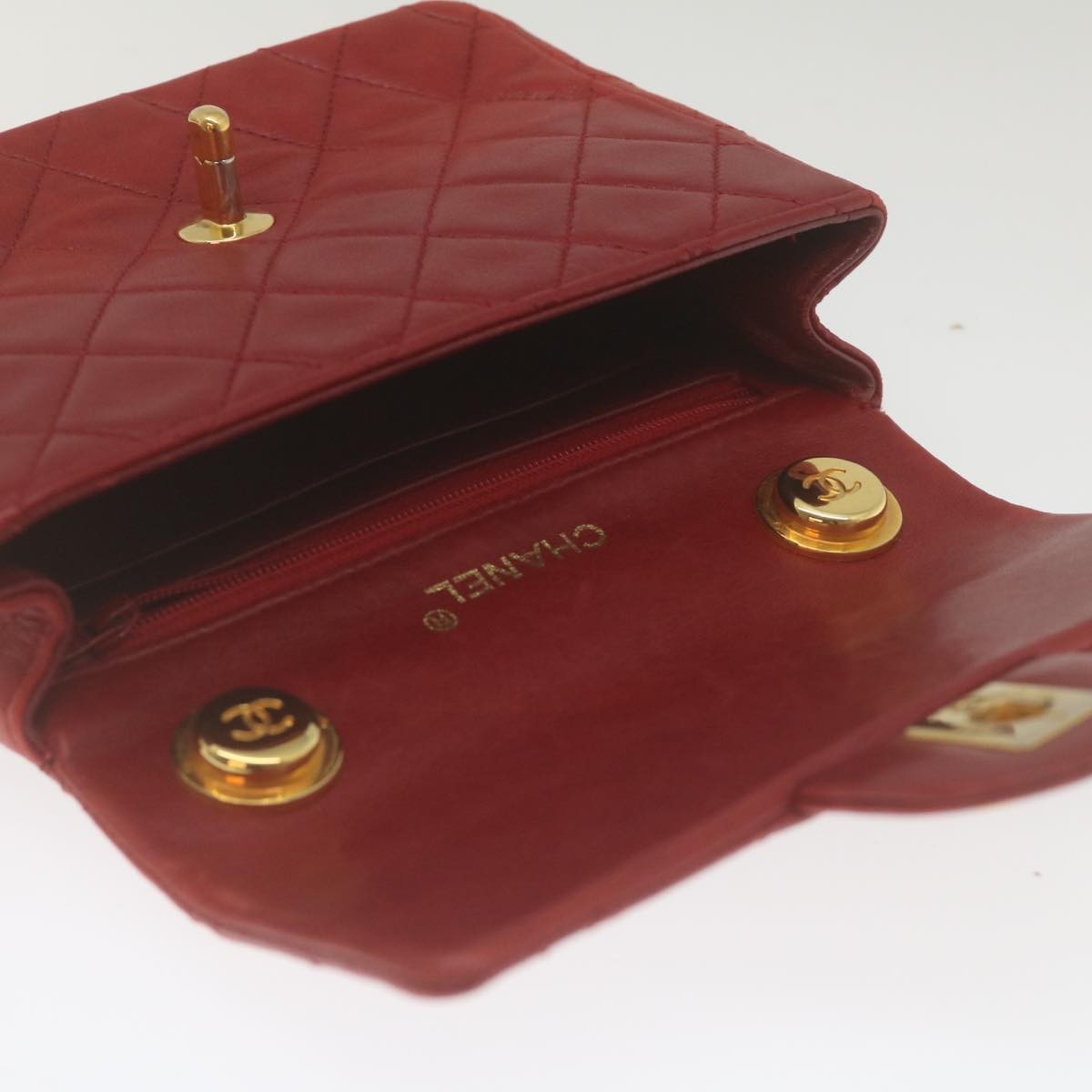 Chanel Vintage Square Chain Handle Flap Bag Quilted Lambskin Red Leather Handbag