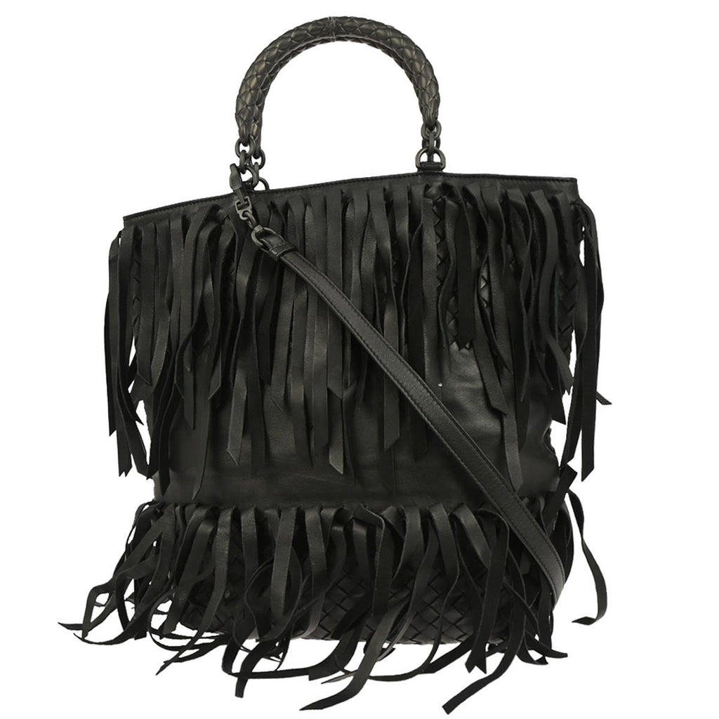 Bottega Veneta Fringe Belt Tote Intrecciato Nappa Black Leather Tote Bag Bag