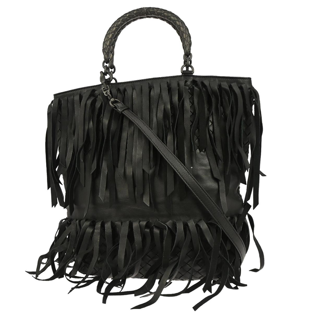Bottega Veneta Fringe Belt Tote Intrecciato Nappa Black Leather Tote Bag Bag