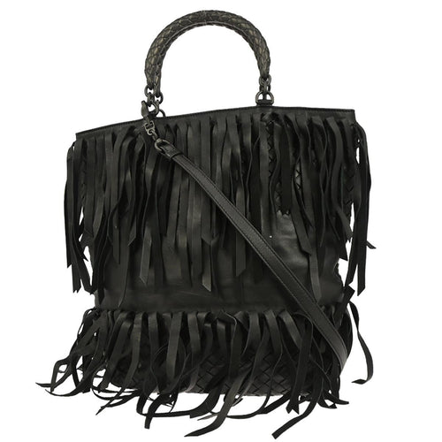 Bottega Veneta Fringe Belt Tote Intrecciato Nappa Black Leather Tote Bag Bag