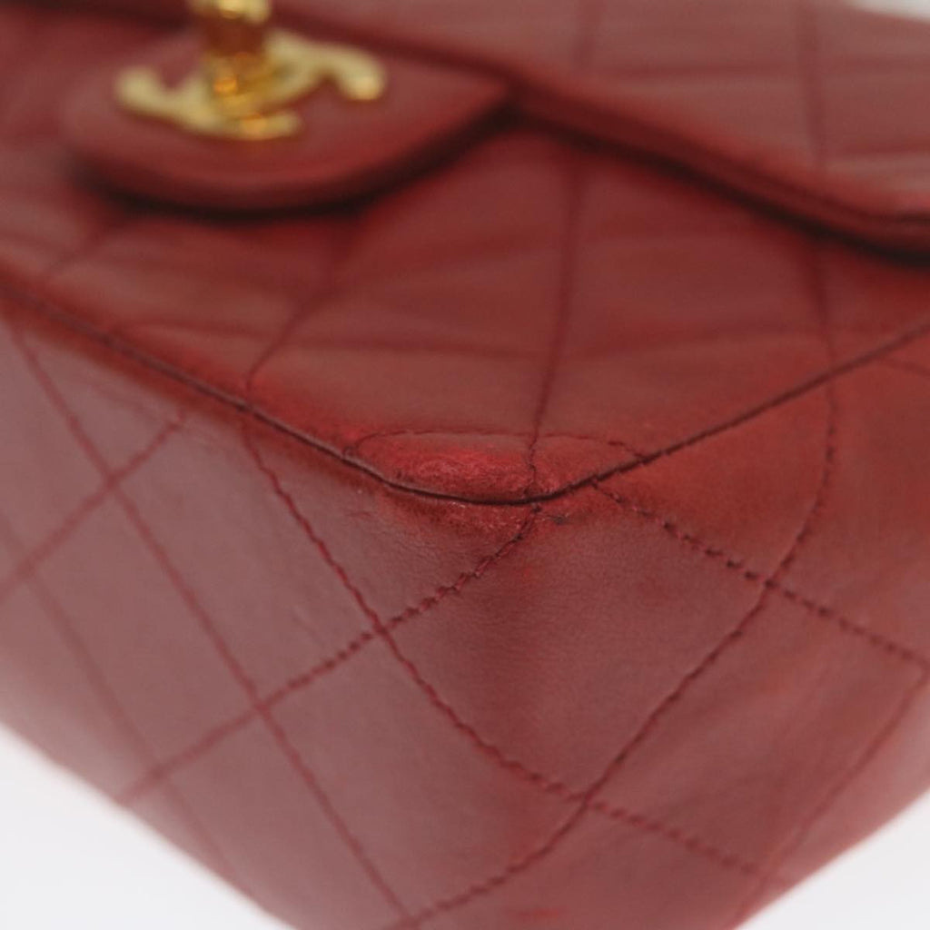 Chanel Vintage Square Chain Handle Flap Bag Quilted Lambskin Red Leather Handbag