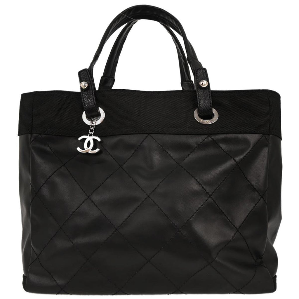 Chanel Biarritz Tote Quilted Coated Canvas Black Leather Tote Bag Bag