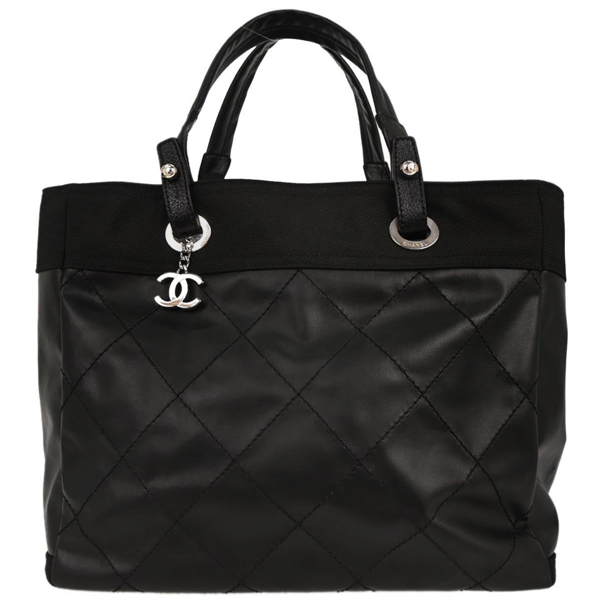 Chanel Biarritz Tote Quilted Coated Canvas Black Leather Tote Bag Bag