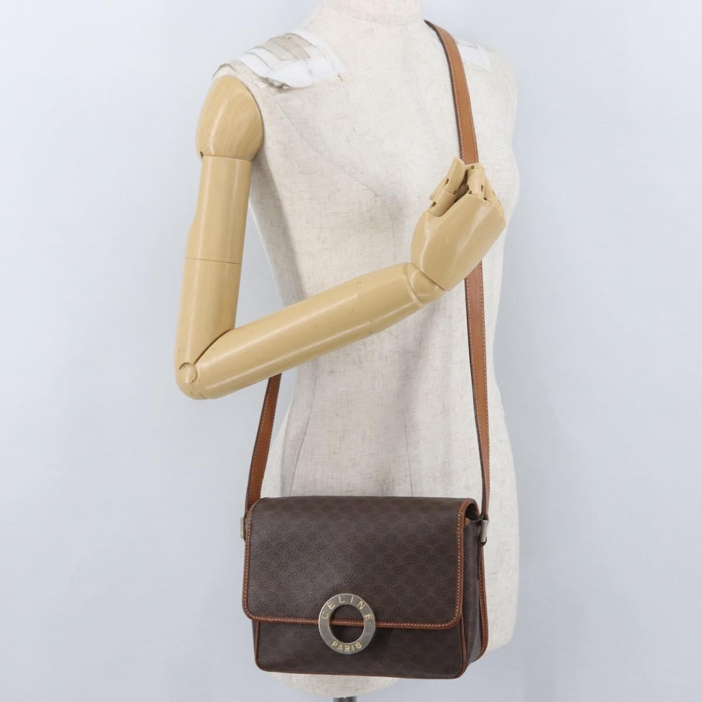 Celine Vintage Macadam Circle Logo Shoulder Bag Canvas And Leather Brown Canvas Shoulder Bag Bag