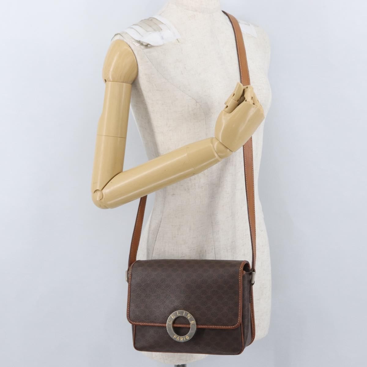 Celine Vintage Macadam Circle Logo Shoulder Bag Canvas And Leather Brown Canvas Shoulder Bag Bag