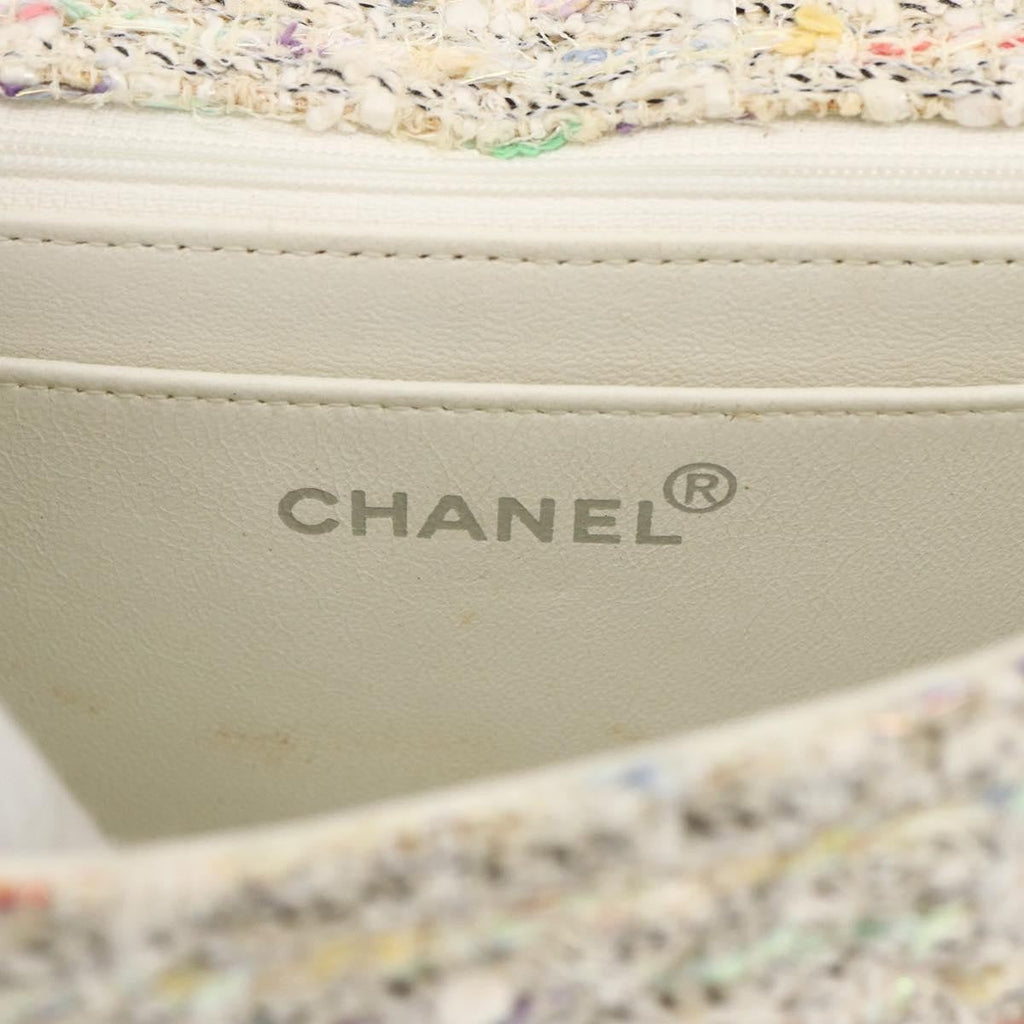 Chanel Vintage Cc Chain Top Handle Bag Quilted Tweed White Tweed Handbag