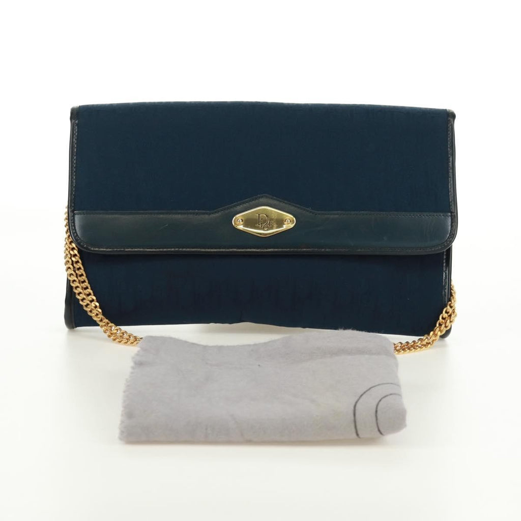 Christian Dior Vintage Chain Flap Shoulder Bag Diorissimo Canvas Navy Canvas Shoulder Bag Bag (Pre-Owned)